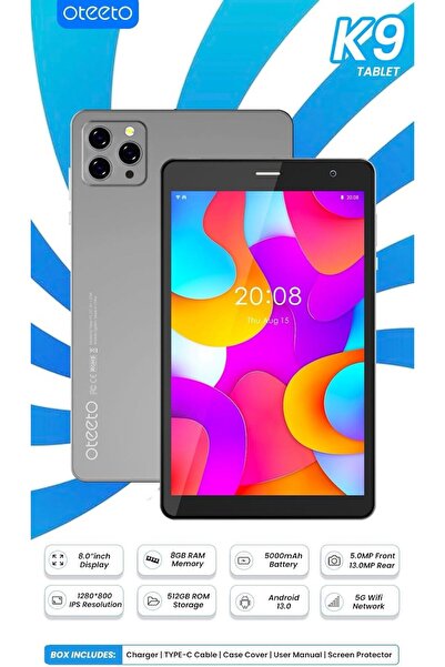 OTEETO K9 Android Tablet, 8-inch Display, 8GB RAM, 512GB ROM, 5000mAh Battery, Dual SIM, 5G WiFi (Gr