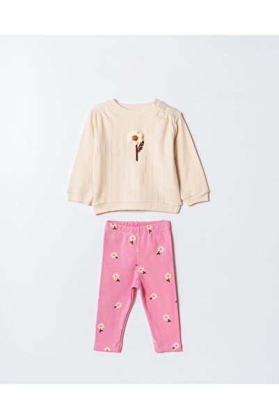 Magu Girls' Cotton Cream Sweatshirt and Pink Floral Pattern Leggings Two-Piece Set