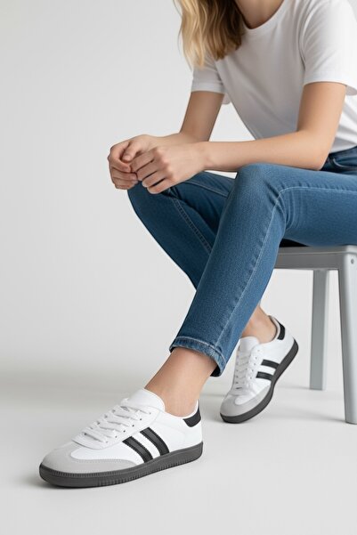 LANDSHOES Beyaz-siyah unisex Siyah Termo Taban Yanı Şeritli Bağcıklı Kadın Spor Ayakkabı