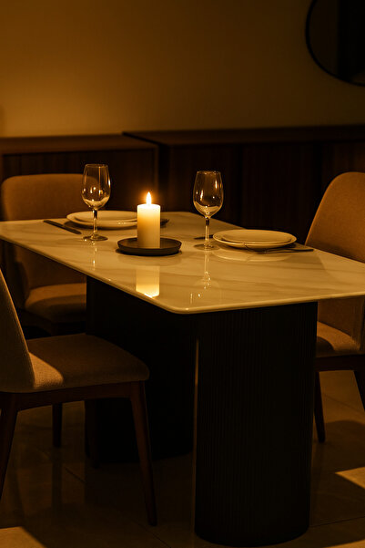 MARIA HOMES طاولة طعام فاخرة من الرخام الأبيض بقاعدة سوداء - ١٤٠×٨٠ سم | طاولة مستطيلة عصرية للمنزل