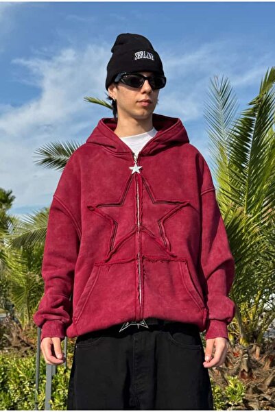 serline Premium Acid Wash Star Nakış Oversize Zip