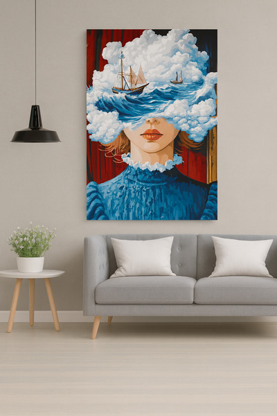 BLT DİZAYN Pictură artistică pe sticlă Portret de femeie din mare și nori – S...