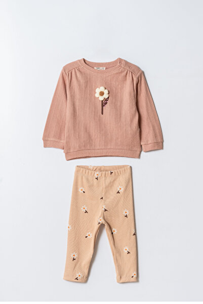 Magu Girls' Cotton Pink Floral Patterned Double Set - Sweatshirt and Leggings