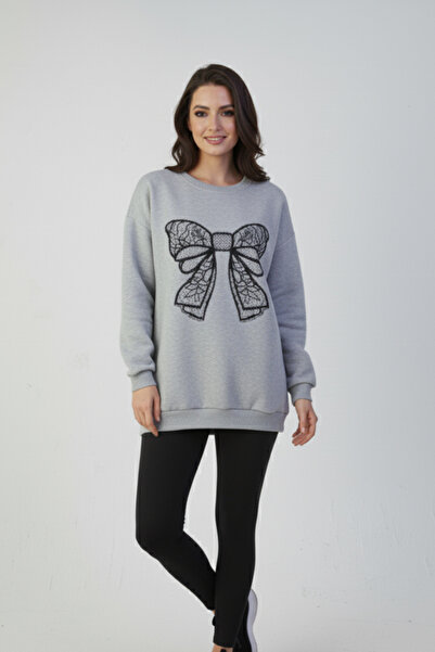 KOZİA OUTDOORS Γυναικείο φούτερ oversize με μαύρη δαντέλα και σχέδιο κορδέλας