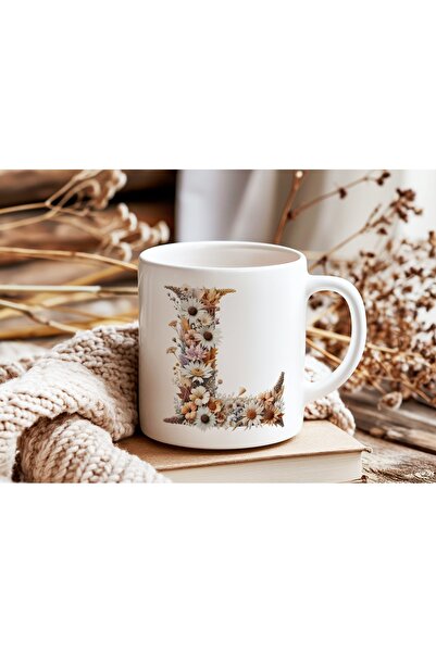 Beramussa كوب مزخرف بالزهور على شكل حرف L - كوب زهور طبيعي مع حروف الأبجدية -...