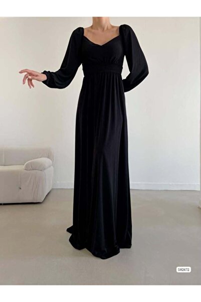 Modafeminen Sandy Stretchy Fabric Shoulder Front Gather Detailed Evening Dres...