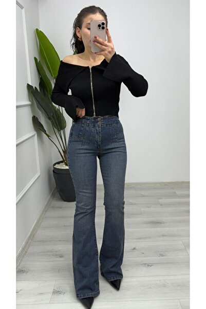 TUNAM BUTİK 7012 Pens Detailed Spanish Denim Pants Medium Blue Tintili