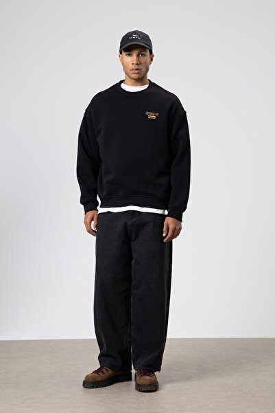 VAMOSCLO Oversize Bisiklet Yaka Baskılı Sweatshirt Siyah