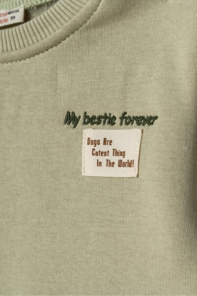 Magu Boys' Cotton Green Sweatshirt and Dog Embroidered Sweatpants Two-Piece Set