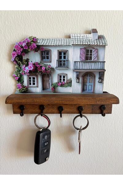 Marangozi Duvar Anahtarlık Ahşap Metal 5 Askılı Lila Çiçekli Beyaz Ev Modeli