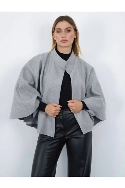 cemo Cape Poncho Coat Thin Cashmere Belted Gold Buttoned with Gift