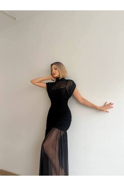 Miss Beyoğlu Kadın Tül Detaylı Abiye Elbise – Omuz Tül Detaylı , Uzun, Şık Gece & Davet Elbisesi – Yeni Sezon