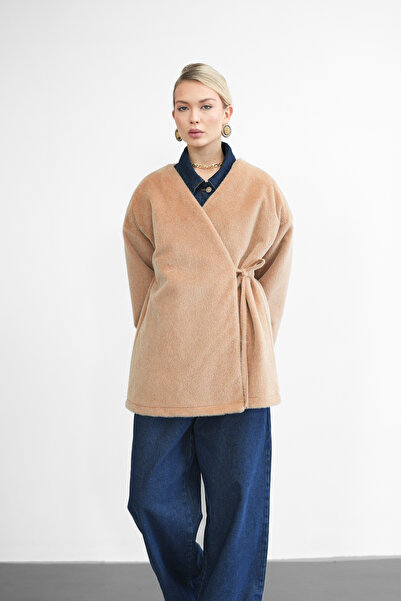 Molly Nelly Women's Side Tie Feathered Kimono Cashmere Coat