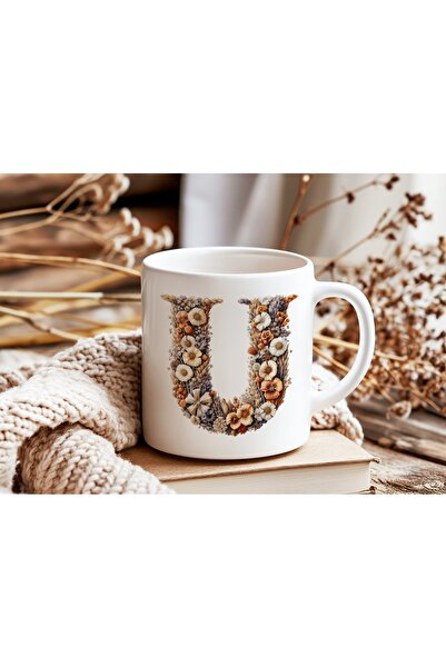 Beramussa كوب على شكل حرف U مزين بنقوش الزهور - كوب طبيعي مزين بالزهور مع حرو...