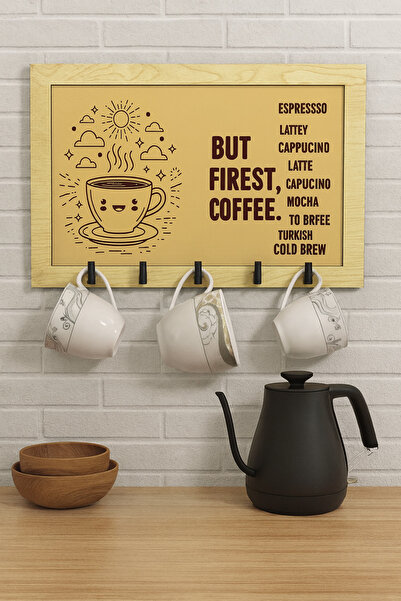karbonsoft “But First Coffee” Ahşap Kupa ve Anahtarlık Askılığı | Dekoratif D...