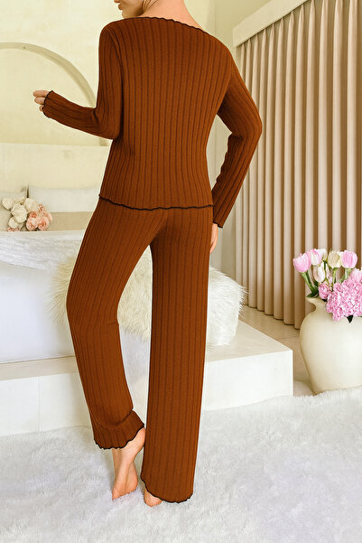 Biraltı Moda Дамски пижамен комплект с дълъг ръкав и панделка от памук