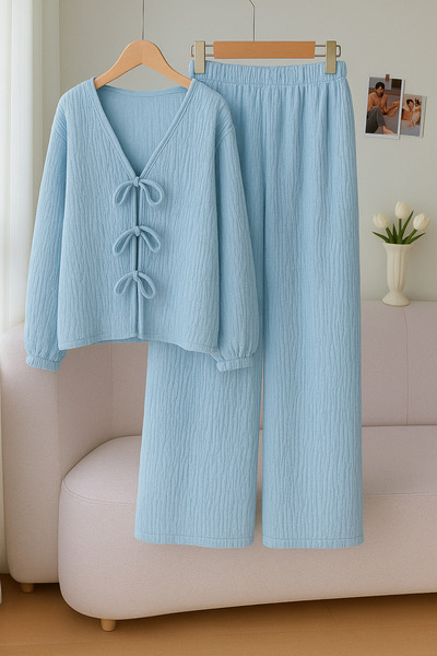 WEEST MODA Set de cămașă cu mânecă lungă și pantaloni, albastru bebeluș, cu șireturi în față