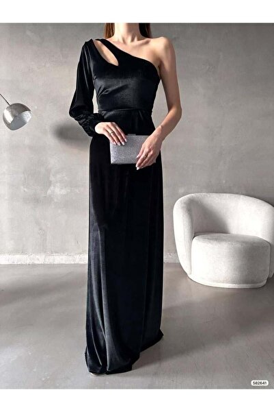 Modafeminen فستان سهرة من القماش المخملي المرن بكتف واحد 582641 أسود