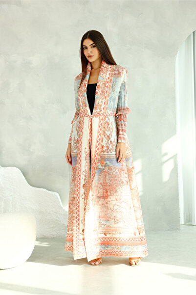 IKKXA Colorful Printed Light Colors Mid Belted Abaya