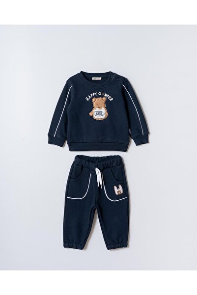 Magu Boys' Cotton Navy Blue Sweatshirt and Teddy Bear Embroidered Sweatpants Two-Piece Set