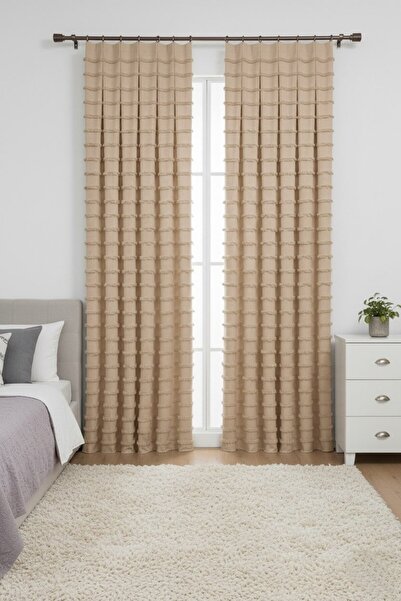 Madame Dower Wave Collection Beige 2-Piece Background Curtain 1X3 Most Frequently Pleated – Special Texture, Ready to Use