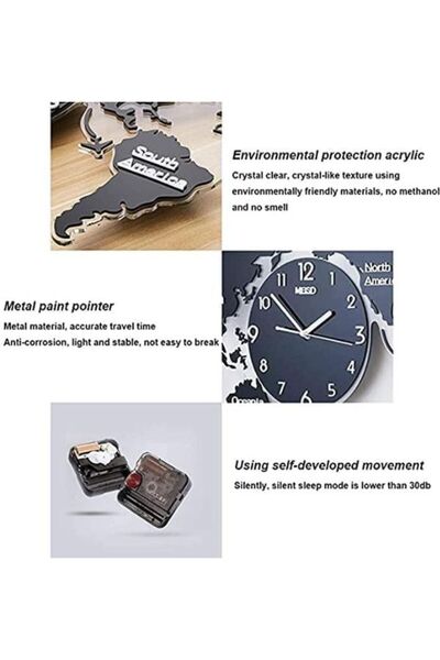 Emaazz LLC Acrylic 3D World Map Wall Clock – Large Modern Wall Décor for Home, Office & Library