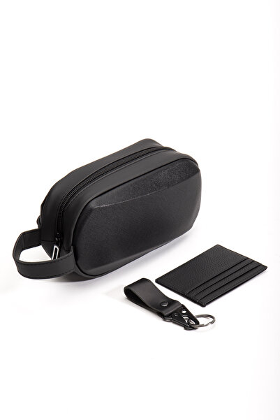 Niki Leather Men's Portfolio Clutch Shaving Cosmetic Care and Daily Handbag-Leather Card Holder-Leather Keychain Triple Set