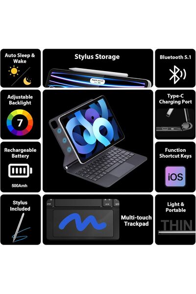 HYX Magic iPad Keyboard Case for iPad Air 11 in / iPad Pro 11 in - Backlit Trackpad, Black