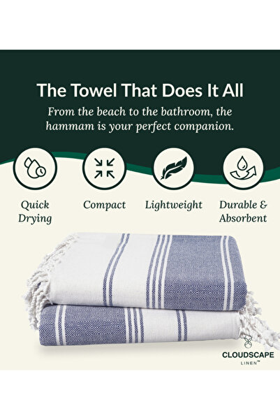 Cloud Scape Linen Turkish Beach Towel Set of 2, 39x71 inches Oversized Lightweight 100% Cotton Hammam Towel