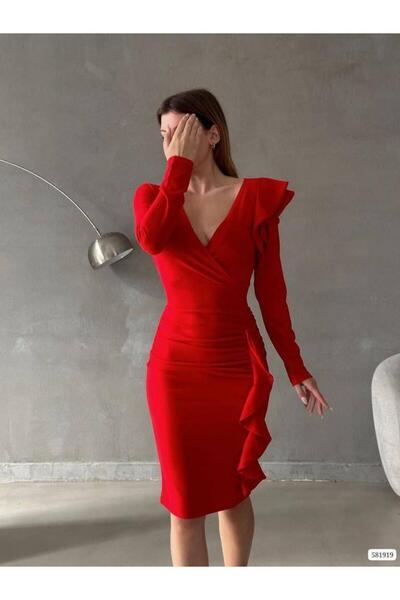 Modafeminen Double-Breasted Collar Ruffle Detail Long Sleeve Crepe Fabric Dress 581919 Red