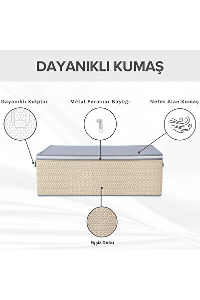 EVSELLA 8'li Set - Geometrik Çizgili Bej Büyük Boy Baza Altı & Çekyat Altı Hurç (65 x 45 x 22 cm)