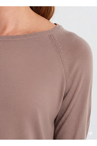 Dilvin 10536 Crew Neck Basic Thin Knit Sweater-Mink