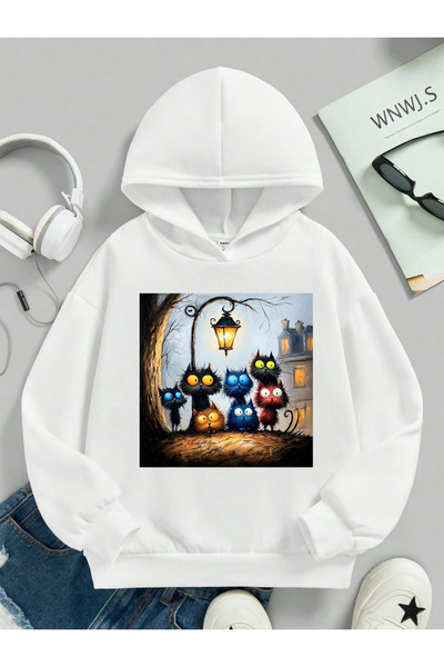 stil x Hanorac pentru copii cu glugă cu imprimeu cu pisici drăguțe