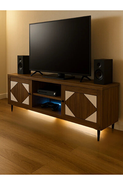 MARIA HOMES Modern Walnut TV Cabinet 160×39.5×55 cm Wooden Entertainment Unit with Geometric White Doors