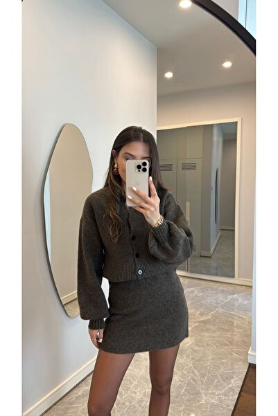 FMN Moda Tricot Knit Mini Skirt Buttoned Loose Fit Balloon Sleeve Design Pinterest Brand Equivalent Cardigan Blouse Set