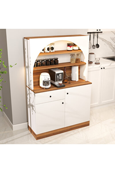 klubeconcept LED’li Modern Kahve Köşesi Dolabı Raflı ve Çekmeceli MDF Servis Ünitesi
