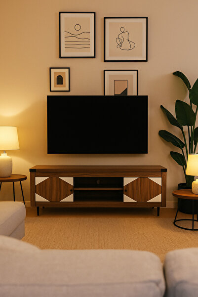 MARIA HOMES Modern Walnut TV Cabinet 160×39.5×55 cm Wooden Entertainment Unit with Geometric White Doors