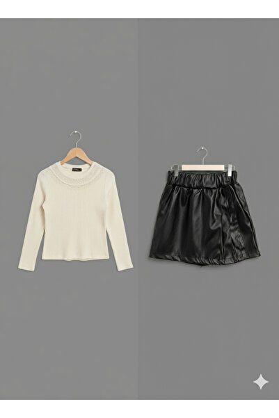 Selvira Set de 2 piese pentru fete: tricotaje cu guler din dantelă și pantalo...