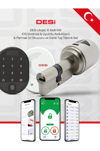 Desi Utopic R Gri WiFi Akıllı Kapı Kilidi ve Parmak İzi Akıllı Kilit - Zahmetsiz Kurulum