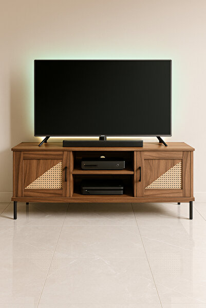 MARIA HOMES Modern Walnut TV Cabinet 160×39.5×56 cm Wooden Entertainment Unit with Rattan Design Doors