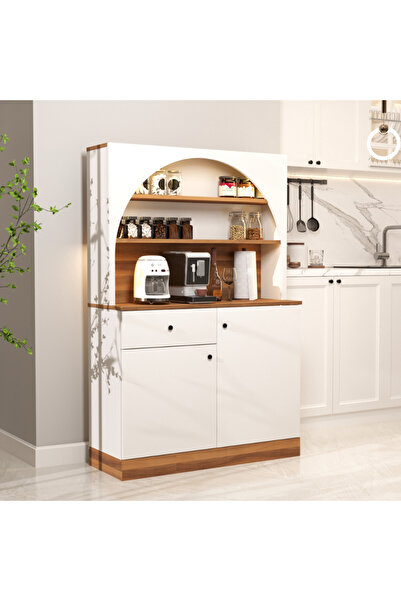 klubeconcept LED’li Modern Kahve Köşesi Dolabı Raflı ve Çekmeceli MDF Servis Ünitesi