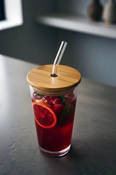 grandora Bambu Kapaklı Cam Pipetli Şık ve Dayanıklı Cam Bardak (400 ml)