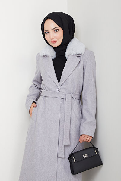 Pamuk Butik Women's Fur Detailed Belted Lined Cashmere Coat