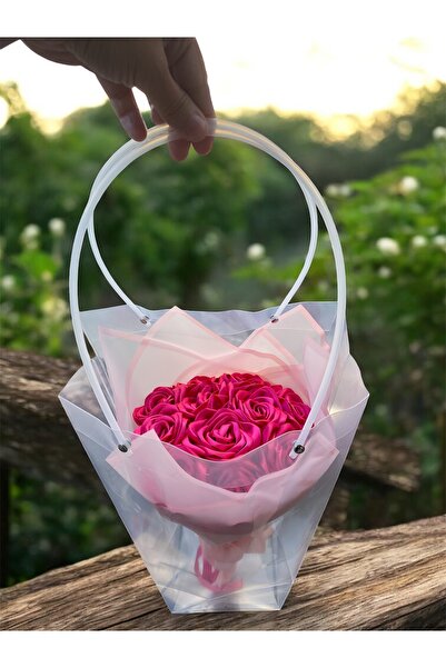 Baalaa Romantik Pembe Kurdele Gül Buketi – Şeffaf Çanta Kutuda Yapay Çiçek Aranjmanı