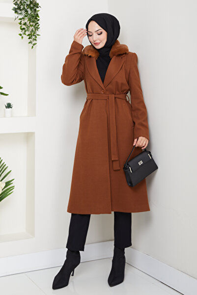 Pamuk Butik Women's Fur Detailed Belted Lined Cashmere Coat