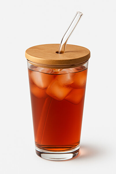 grandora Bambu Kapaklı Cam Pipetli Şık ve Dayanıklı Cam Bardak (400 ml)