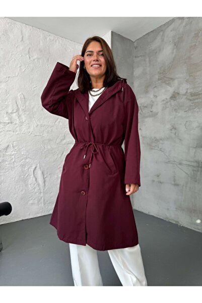 Elif Özbey Butik Burgundy Hooded Full-Length Buttoned Trench Coat