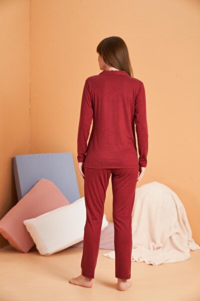 PJS Kadın Biyeli Düğmeli Cepli Uzun Kol Pijama Takımı Yün Viskon Kumaş