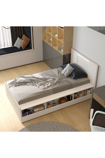 klubeconcept LED Işıklı Başlıklı Modern Kitaplıklı Yatak %100 MDF Tek Kişilik...