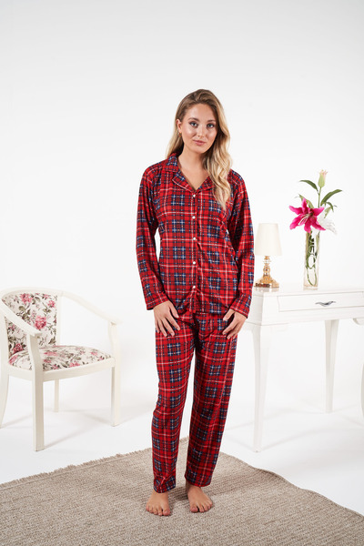 Estiva Plaid Buttoned Suede Pajama Set